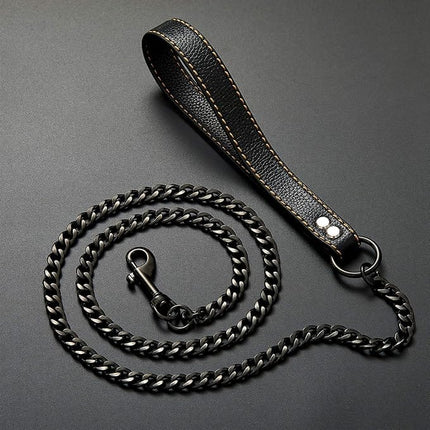 Ziggy Pupps Dog Heavy Duty Chew Proof Metal Chain Dog Leash with Leather Handle Size M
