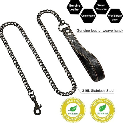 Ziggy Pupps Dog Heavy Duty Chew Proof Metal Chain Dog Leash with Leather Handle Size M