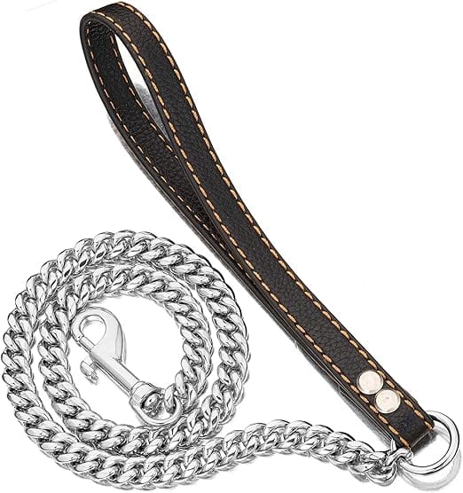 Ziggy Pupps Dog Heavy Duty Chew Proof Metal Chain Leash with Leather Handle Size 120 Cm in 12mm