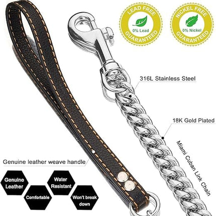 Ziggy Pupps Dog Heavy Duty Chew Proof Metal Chain Leash with Leather Handle Size 120 Cm in 12mm