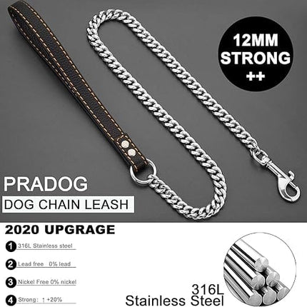 Ziggy Pupps Dog Heavy Duty Chew Proof Metal Chain Leash with Leather Handle Size 120 Cm in 12mm