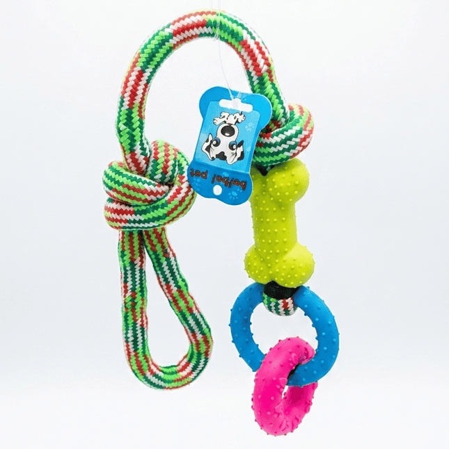 Ziggy Pupps Dog Interactive Multi Texture Dog Toy Braided Cotton Rope with Rubber Bone And Rings