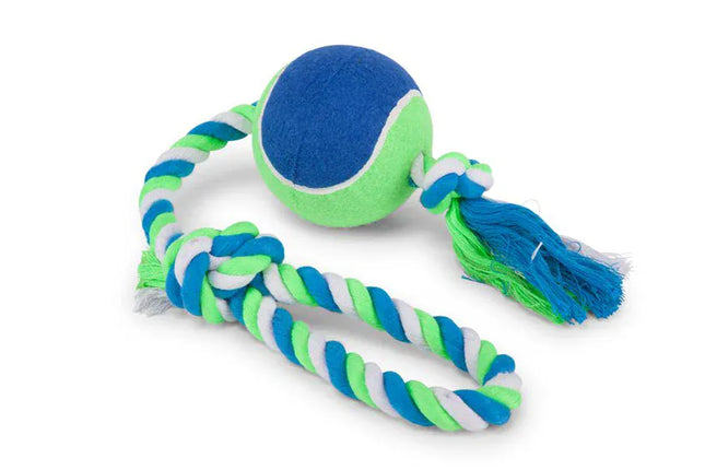 Ziggy Pupps Dog Kazoo Twisted Rope Sling with Tennis Ball Toy for Dogs Blue in Green