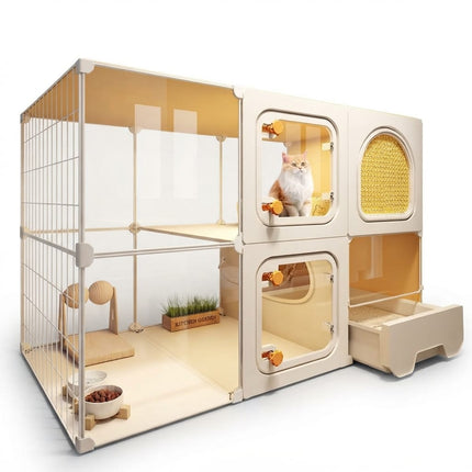 Ziggy Pupps Dog Modern Multi-Level Cat Villa and Crate  Luxury Indoor Pet Enclosure with Litter Box Drawer Beige Size 100 × 40 cm