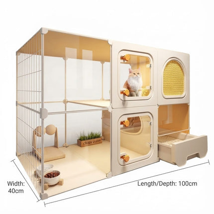 Ziggy Pupps Dog Modern Multi-Level Cat Villa and Crate  Luxury Indoor Pet Enclosure with Litter Box Drawer Beige Size 100 × 40 cm