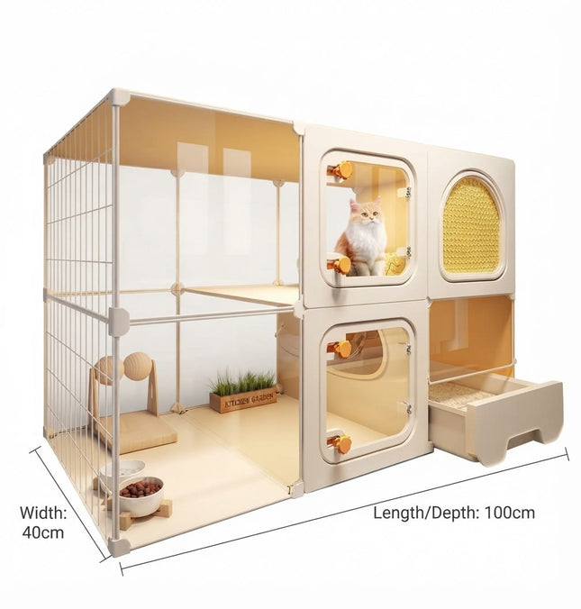 Ziggy Pupps Dog Modern Multi-Level Cat Villa and Crate  Luxury Indoor Pet Enclosure with Litter Box Drawer Beige Size 100 × 40 cm
