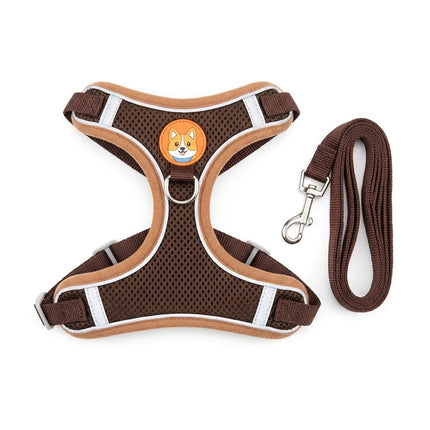 Ziggy Pupps Dog Reflective Mesh Dog Harness and Leash Set Breathable No-Pull Chest Vest with Leash Size Large Brown