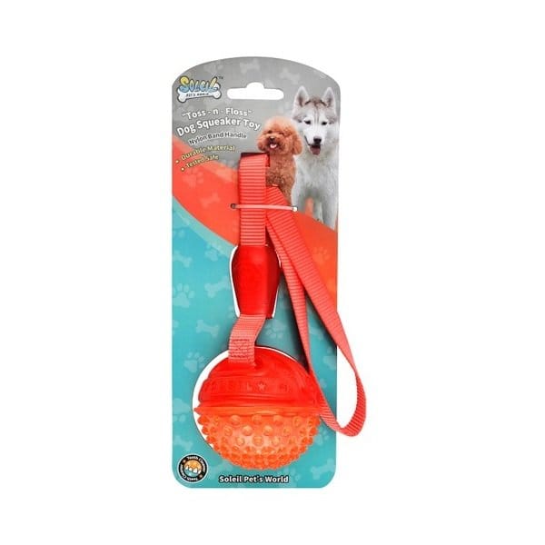 Ziggy Pupps Dog Soleil Toss-n-Floss Orange and Red Ball Dog Squeaky Toy with Nylon Band Handle