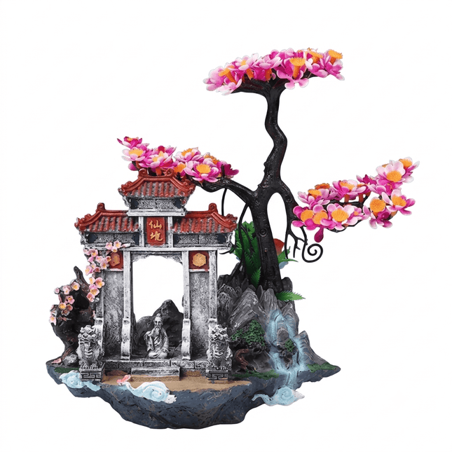 Ziggy Pupps Fish Aquarium Chinese Gate with Pink Cherry Blossom Tree Decor