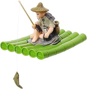 Ziggy Pupps Fish Old Fisherman on Bamboo Raft Aquarium Ornament And Decoration