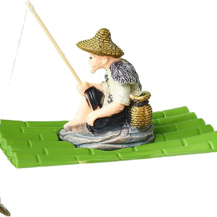 Ziggy Pupps Fish Old Fisherman on Bamboo Raft Aquarium Ornament And Decoration