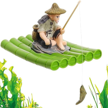 Ziggy Pupps Fish Old Fisherman on Bamboo Raft Aquarium Ornament And Decoration
