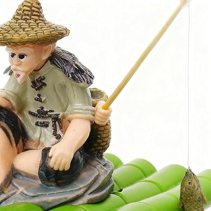 Ziggy Pupps Fish Old Fisherman on Bamboo Raft Aquarium Ornament And Decoration