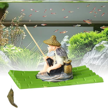 Ziggy Pupps Fish Old Fisherman on Bamboo Raft Aquarium Ornament And Decoration