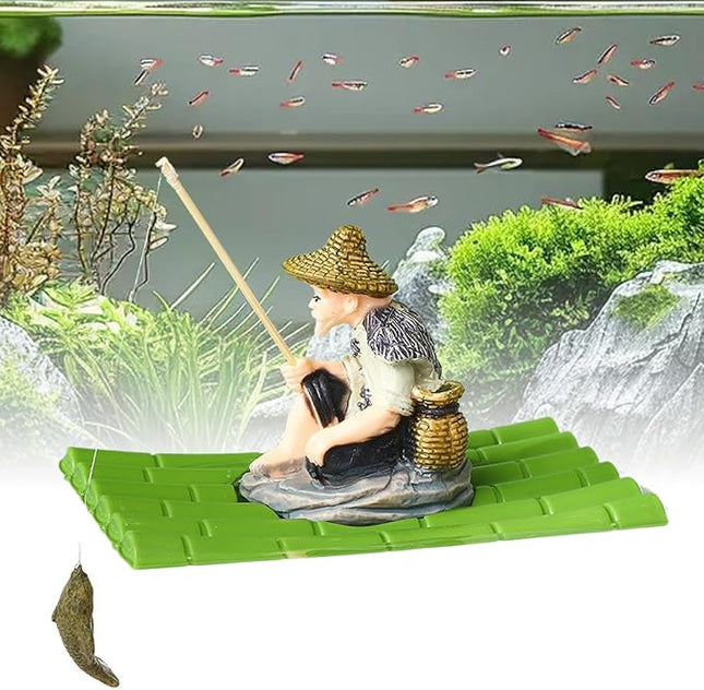 Ziggy Pupps Fish Old Fisherman on Bamboo Raft Aquarium Ornament And Decoration