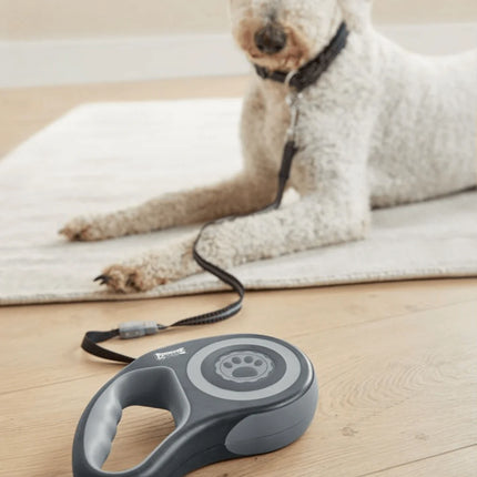 مقود دوكو صغير باللونين الأسود والرمادي عاكس وقابل للسحب بطول 4 أمتار للكلاب التي يصل وزنها إلى 10 كجم